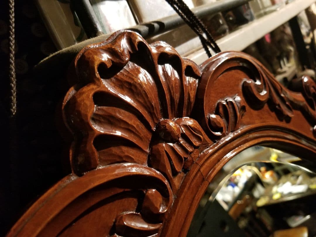 イギリス　チーク　ウッド　バロック　様式　アカンサス　無垢材　手彫り　ミラー