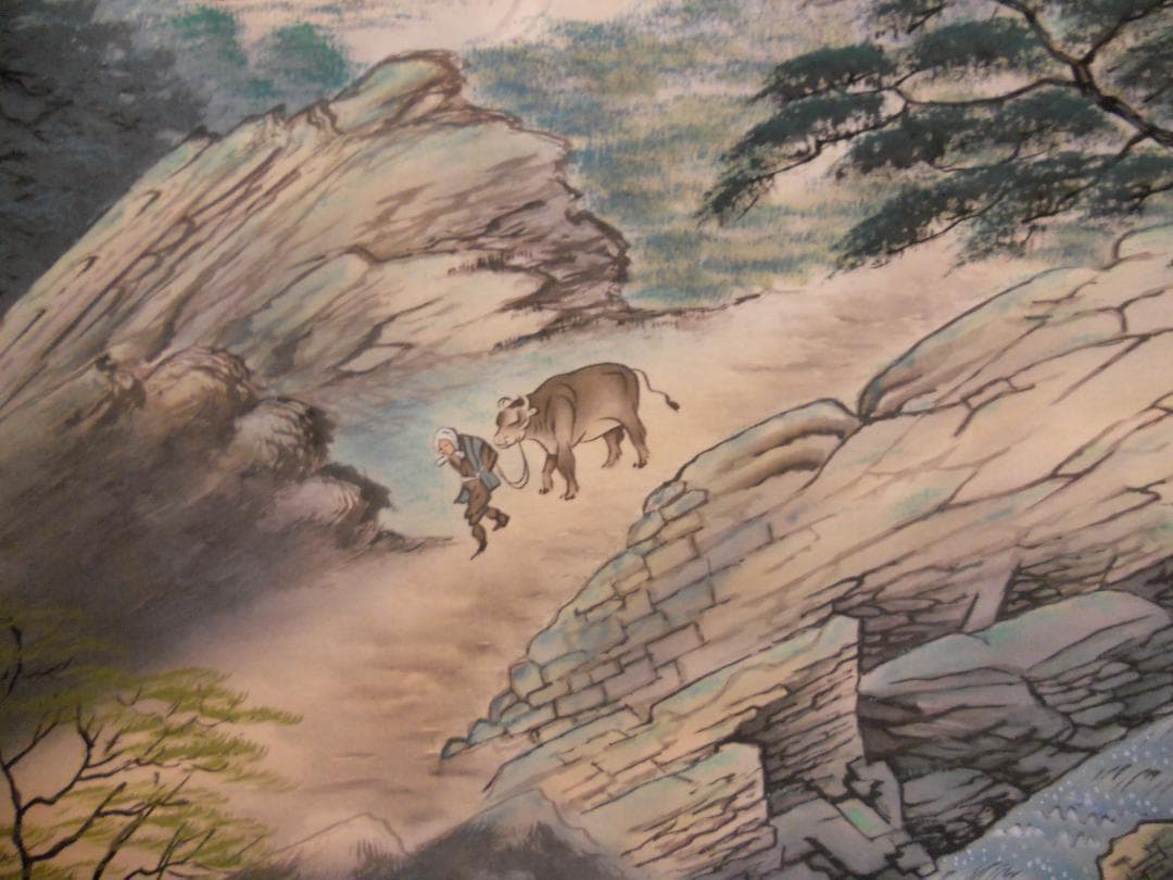 掛け軸 忠義 彩色山水 絹本 希少 軸装 茶道具 掛軸 美品 二重化粧箱 です。