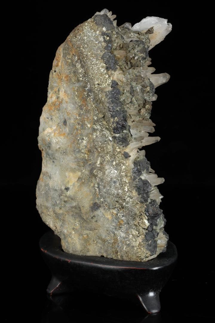 国産 白水晶クラスター 黄鉄鉱共生 青色虹彩 鑑賞石 原石 台座付 2166g