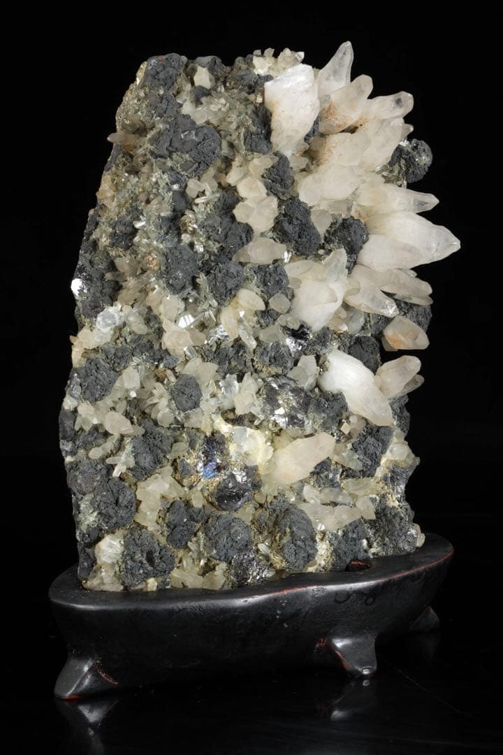 国産 白水晶クラスター 黄鉄鉱共生 青色虹彩 鑑賞石 原石 台座付 2166g