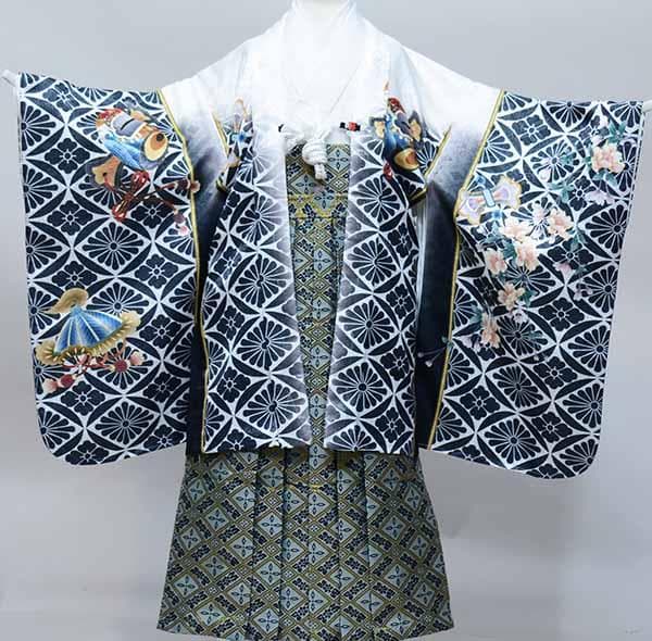七五三 五歳 男児 羽織袴フルセット 金刺繍 白地 鷹 袴変更可 NO37745