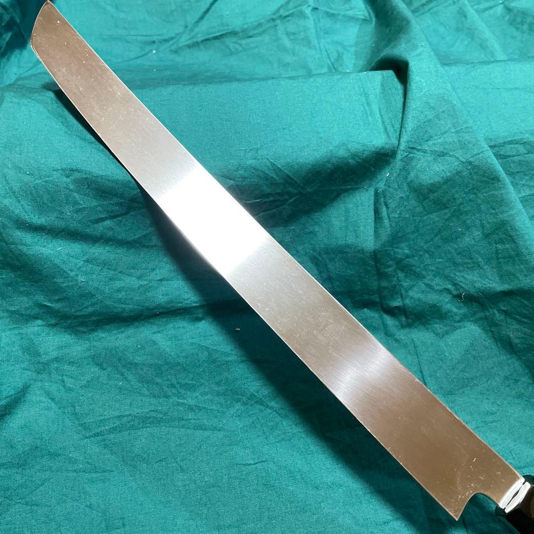 刀型刺身包丁　銀３本焼　先丸尺１寸　表鏡面　炎作り鍛造本焼