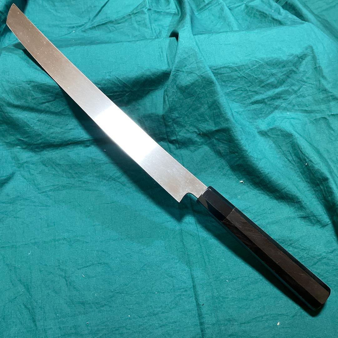 刀型刺身包丁　銀３本焼　先丸尺１寸　表鏡面　炎作り鍛造本焼