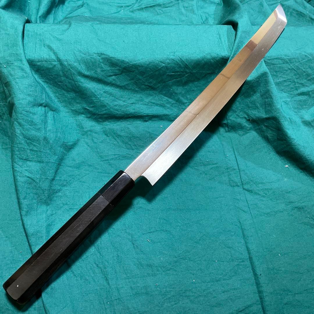 刀型刺身包丁　銀３本焼　先丸尺１寸　表鏡面　炎作り鍛造本焼