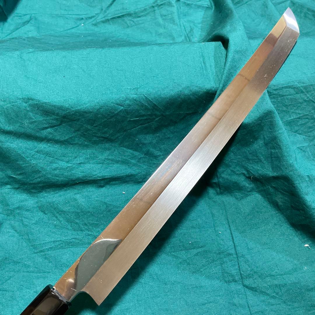 刀型刺身包丁　銀３本焼　先丸尺１寸　表鏡面　炎作り鍛造本焼