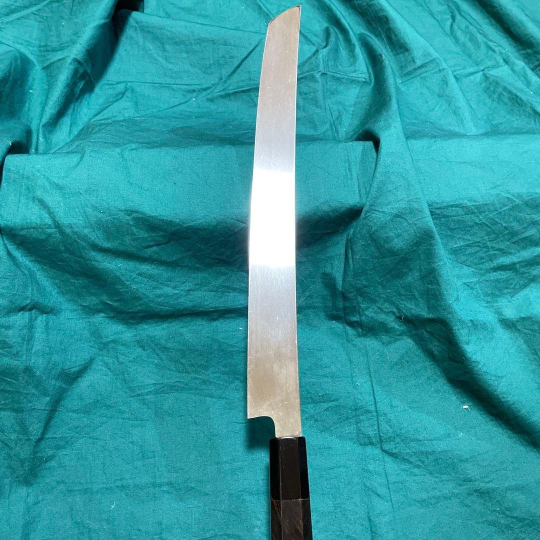 刀型刺身包丁　銀３本焼　先丸尺１寸　表鏡面　炎作り鍛造本焼