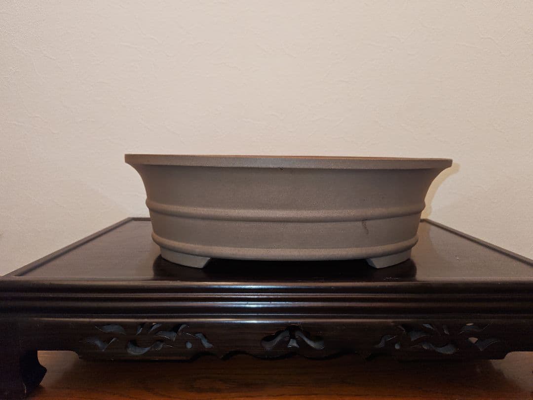 中型〜大型 陶器製 楕円形盆栽鉢 黄土茶色　落款あり