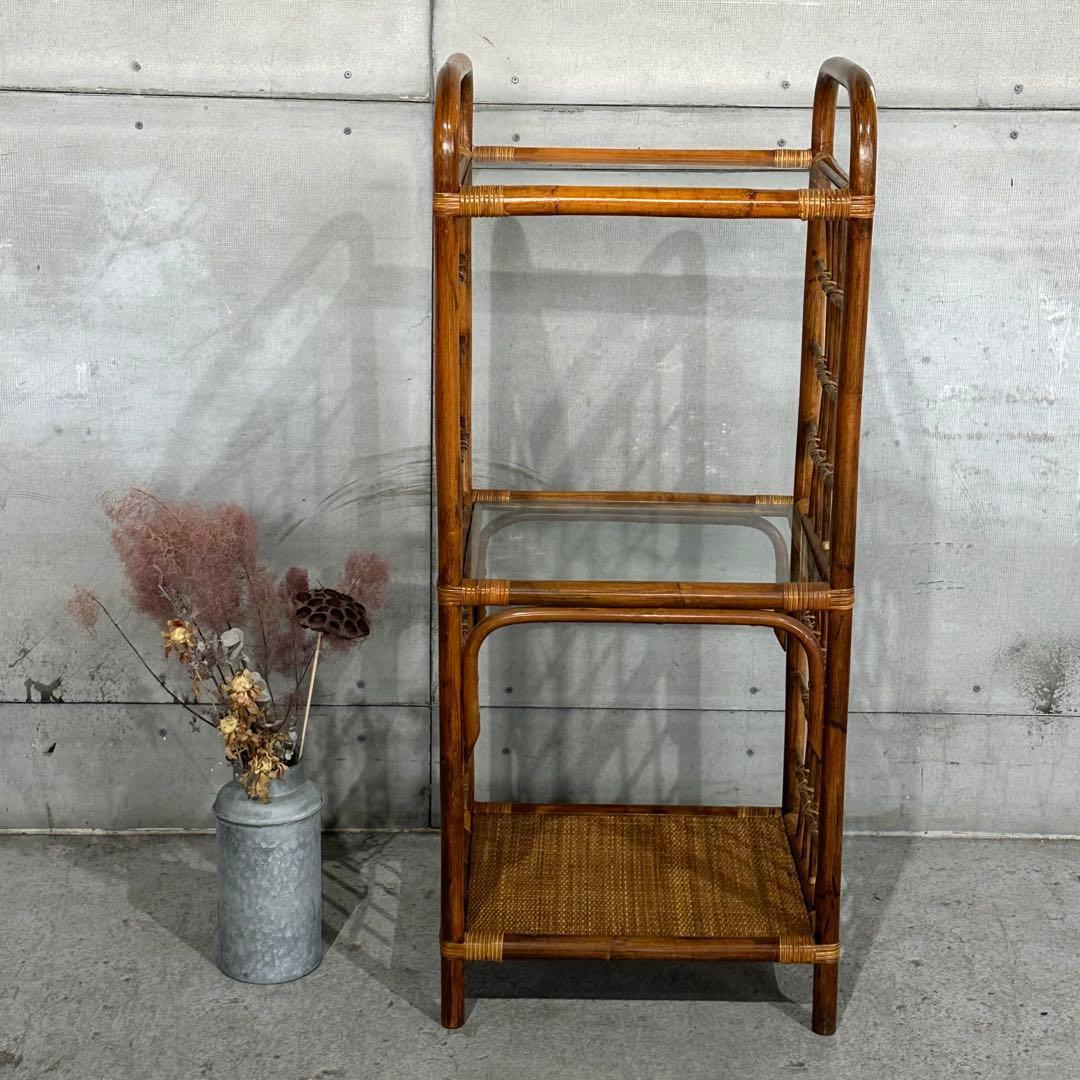 ꧁オールドラタン꧂80s ｜ガラスラック 3段｜アジアン・ボタニカル