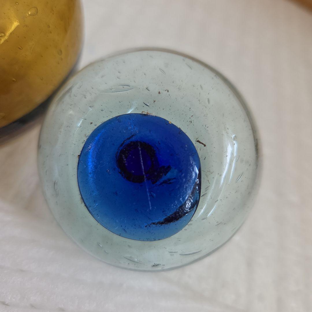 ガラス浮き玉 黄茶色 ☆缶 青ボタン