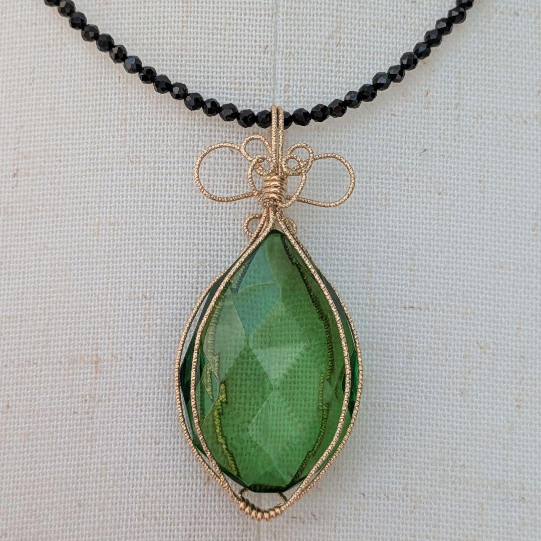 K14gf グリーン琥珀 スピネル ネックレス アンバー 約30×20mm 雫型