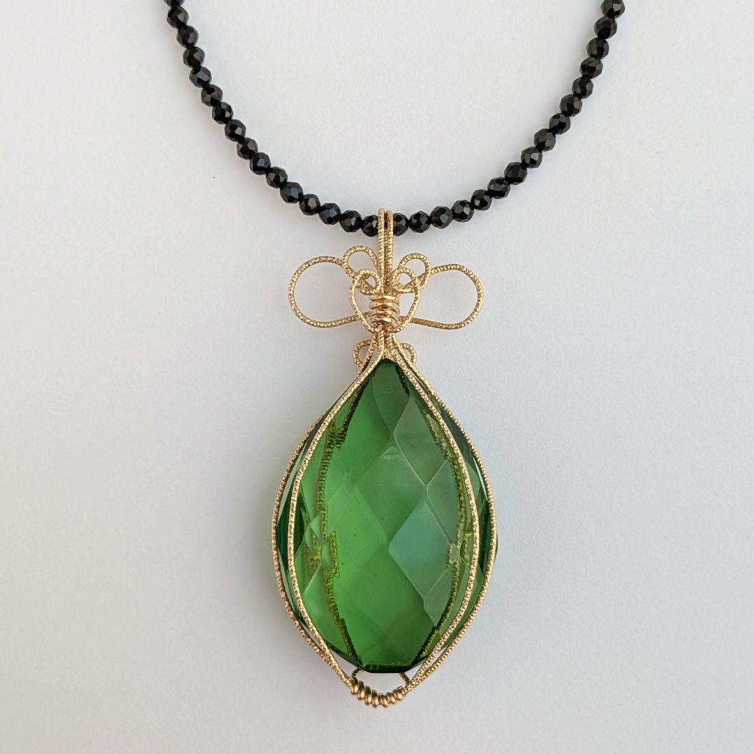 K14gf グリーン琥珀 スピネル ネックレス アンバー 約30×20mm 雫型