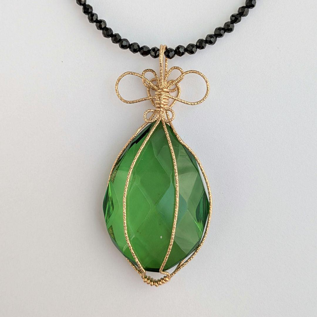 K14gf グリーン琥珀 スピネル ネックレス アンバー 約30×20mm 雫型