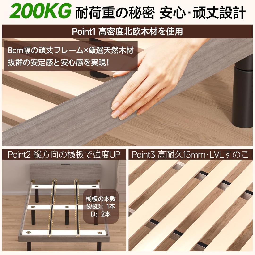 ベッドフレーム❣️シングル ベッド すのこ 宮棚 2口コンセント 3段高さ調節可