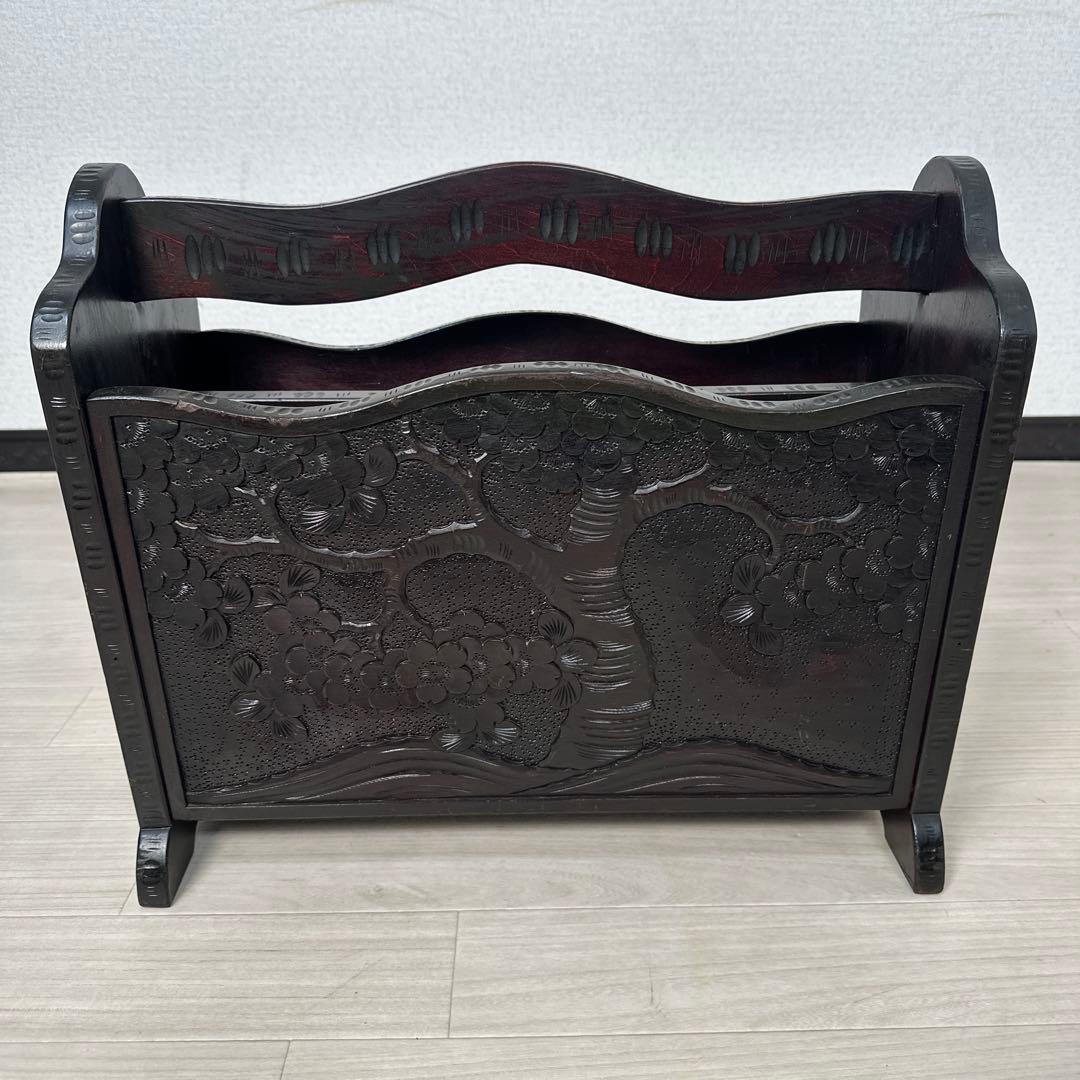 軽井沢彫り マガジンラック スリッパラック アンティーク 工芸品 桜柄 i1※