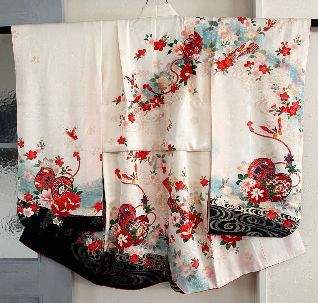 美品 七五三 7歳向け 正絹振袖＋袋帯セット 豪華金彩刺繍入り 古典柄 お祝い用