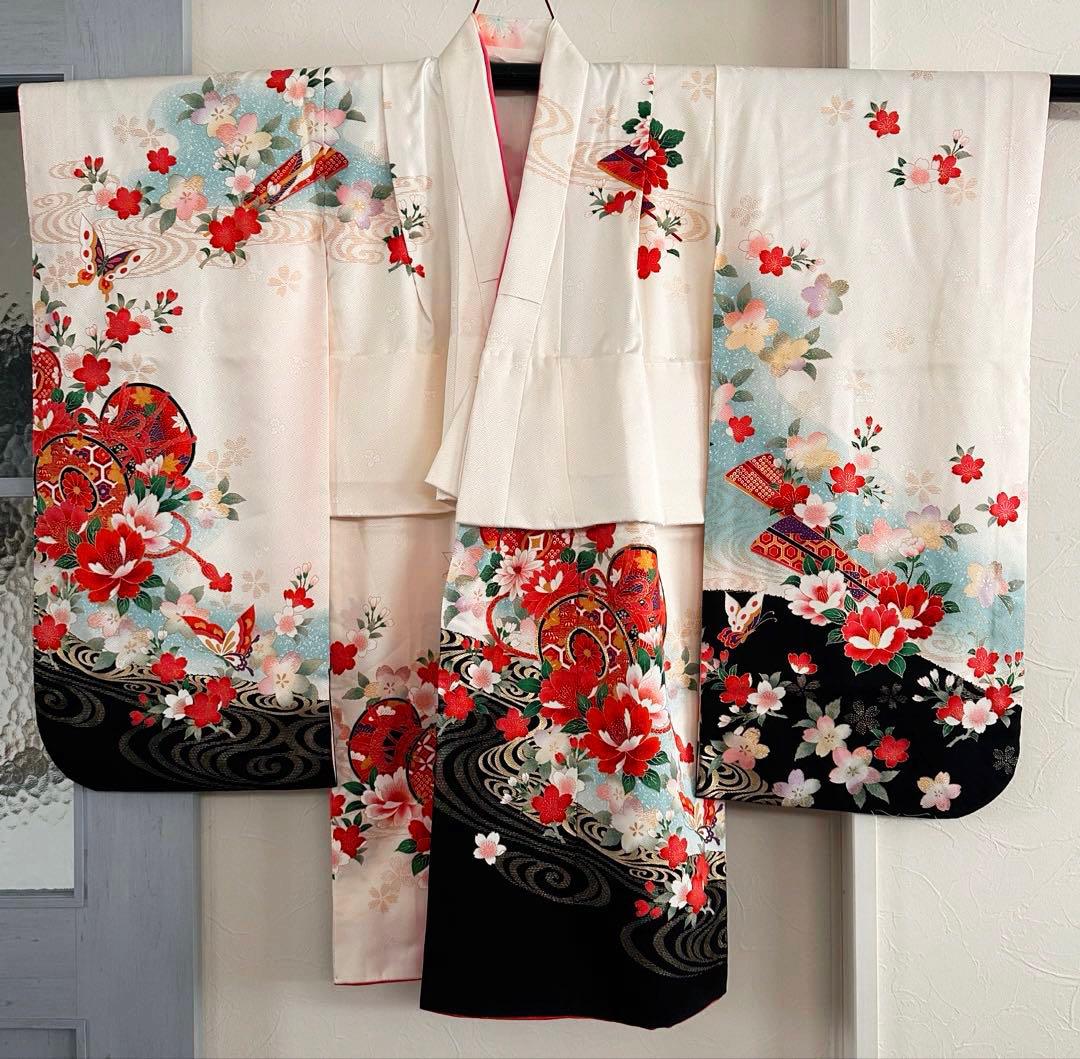 美品 七五三 7歳向け 正絹振袖＋袋帯セット 豪華金彩刺繍入り 古典柄 お祝い用