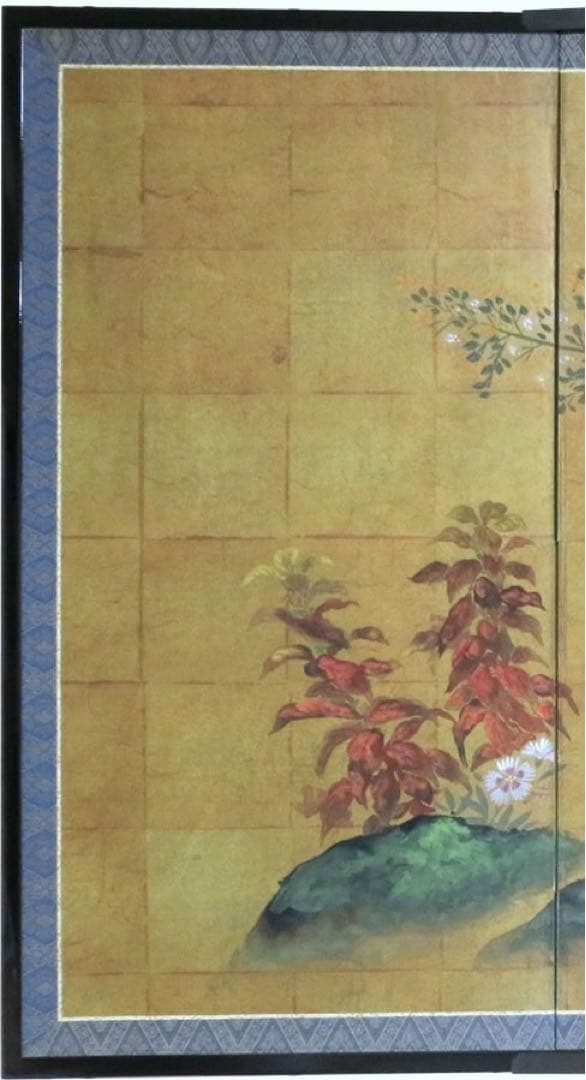 四つ折り屏風　日本画　金箔彩色　おまん菊