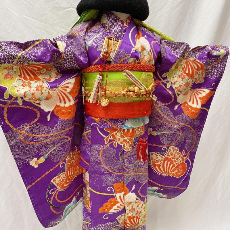 506ag59◎七五三 七歳 女児 着物&袋帯 金彩 蝶雲取り 濃い杜若色◎