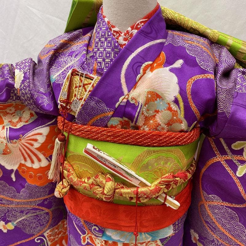 506ag59◎七五三 七歳 女児 着物&袋帯 金彩 蝶雲取り 濃い杜若色◎