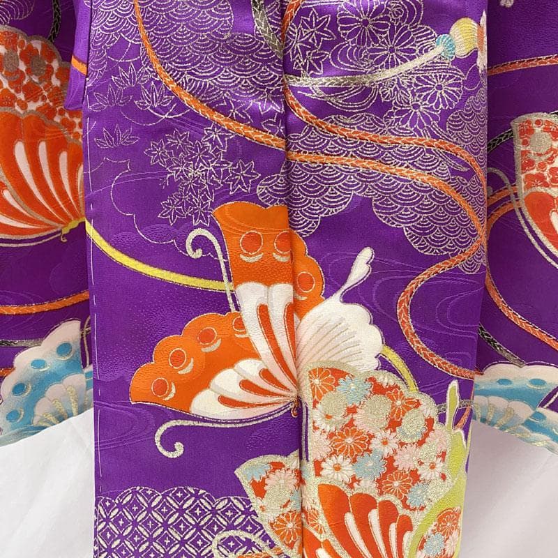 506ag59◎七五三 七歳 女児 着物&袋帯 金彩 蝶雲取り 濃い杜若色◎