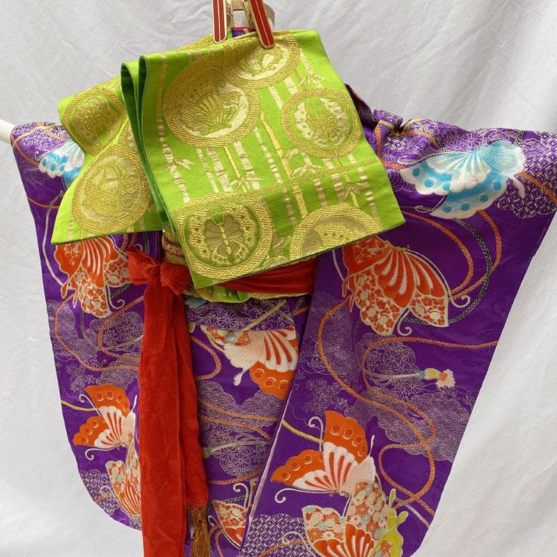 506ag59◎七五三 七歳 女児 着物&袋帯 金彩 蝶雲取り 濃い杜若色◎