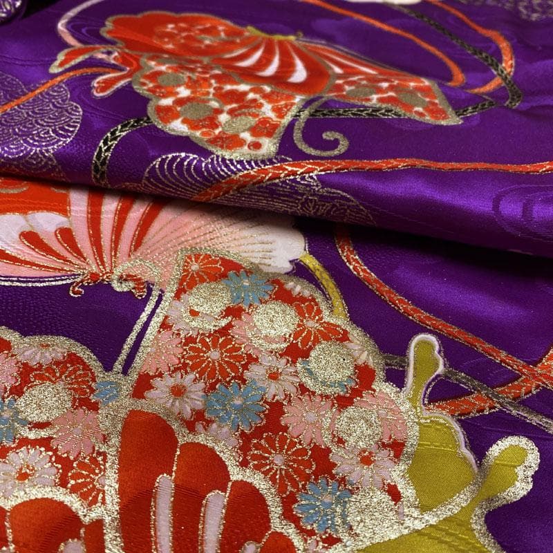 506ag59◎七五三 七歳 女児 着物&袋帯 金彩 蝶雲取り 濃い杜若色◎