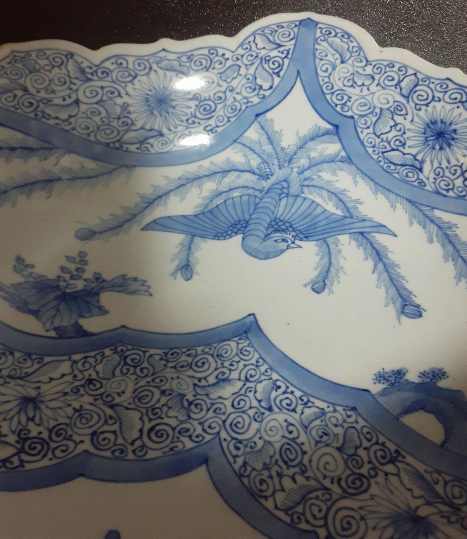 【名品❗】江戸時代後期　古伊万里　染付　鳳凰に桐葉に渦巻き花唐草文様　変形大鉢