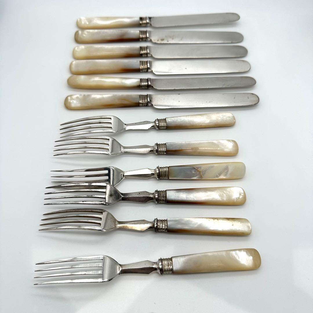 英国製/白蝶貝 マザーオブパール フルーツナイフ＆フォーク 24本 木箱入