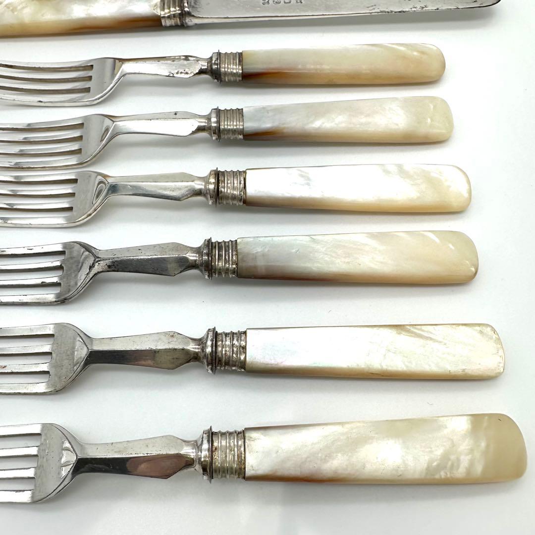 英国製/白蝶貝 マザーオブパール フルーツナイフ＆フォーク 24本 木箱入