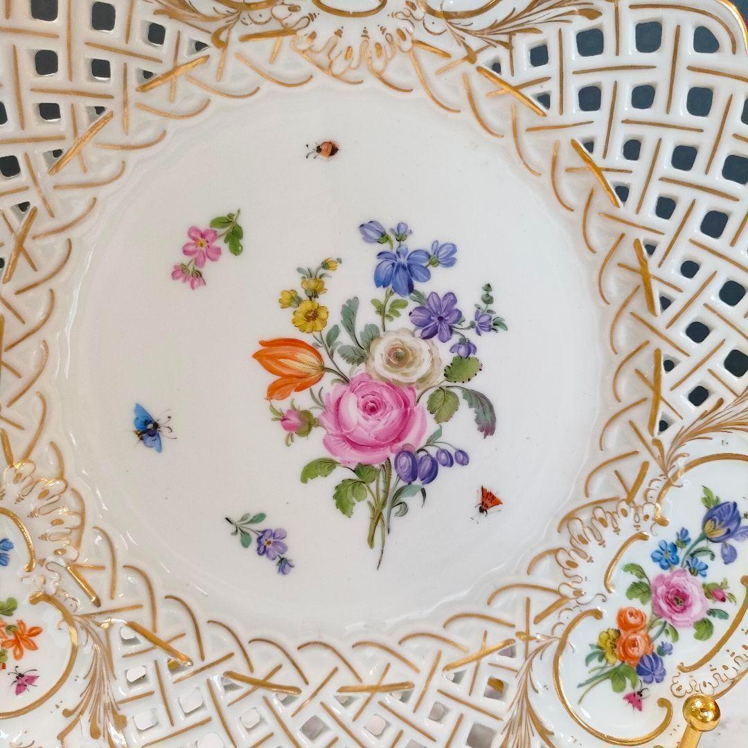 24㎝★マイセン 昆虫 ピアスエッジ ピンクローズ金彩 透かしプレート 希少品