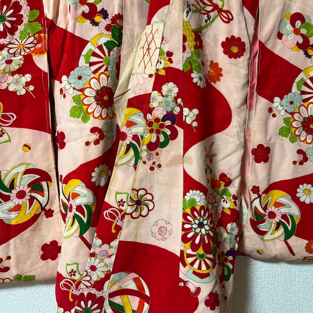 七五三　3歳　着物　アンティーク　ピンク　赤　被布　正絹