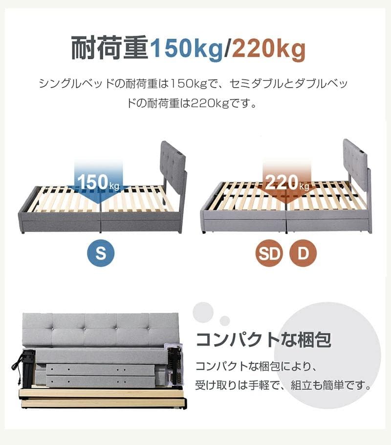 人気再入荷！Sファブリックベッド引き出し・コンセント付き LIGHT GRAY