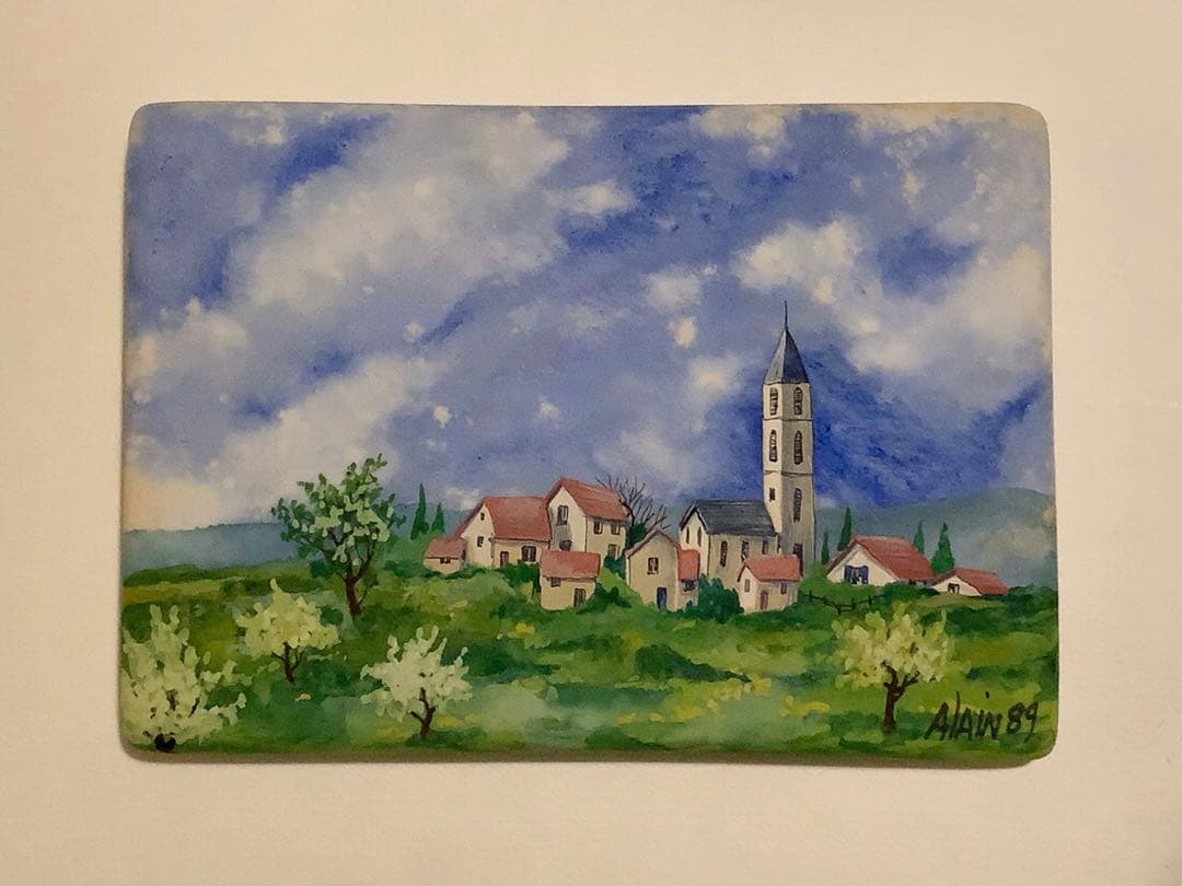 アラン・バロア作(フランス)陶板細密画《アルプスの村》1989年: ヴィンテージ