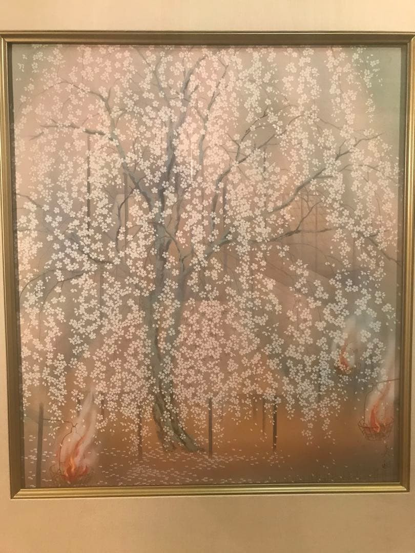 宇田荻邨　「祇園夜桜」　リトグラフ　刷り込みサイン・作品証明シール有り