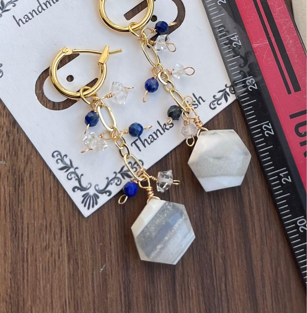 サービス価格·͜· ︎︎ホワイトレースアゲートヘキサゴンのピアスチャーム☆