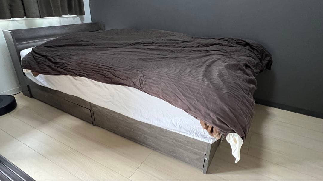 セミダブルベッドフレーム USBポート付き グレー　収納 引き出し 棚付き