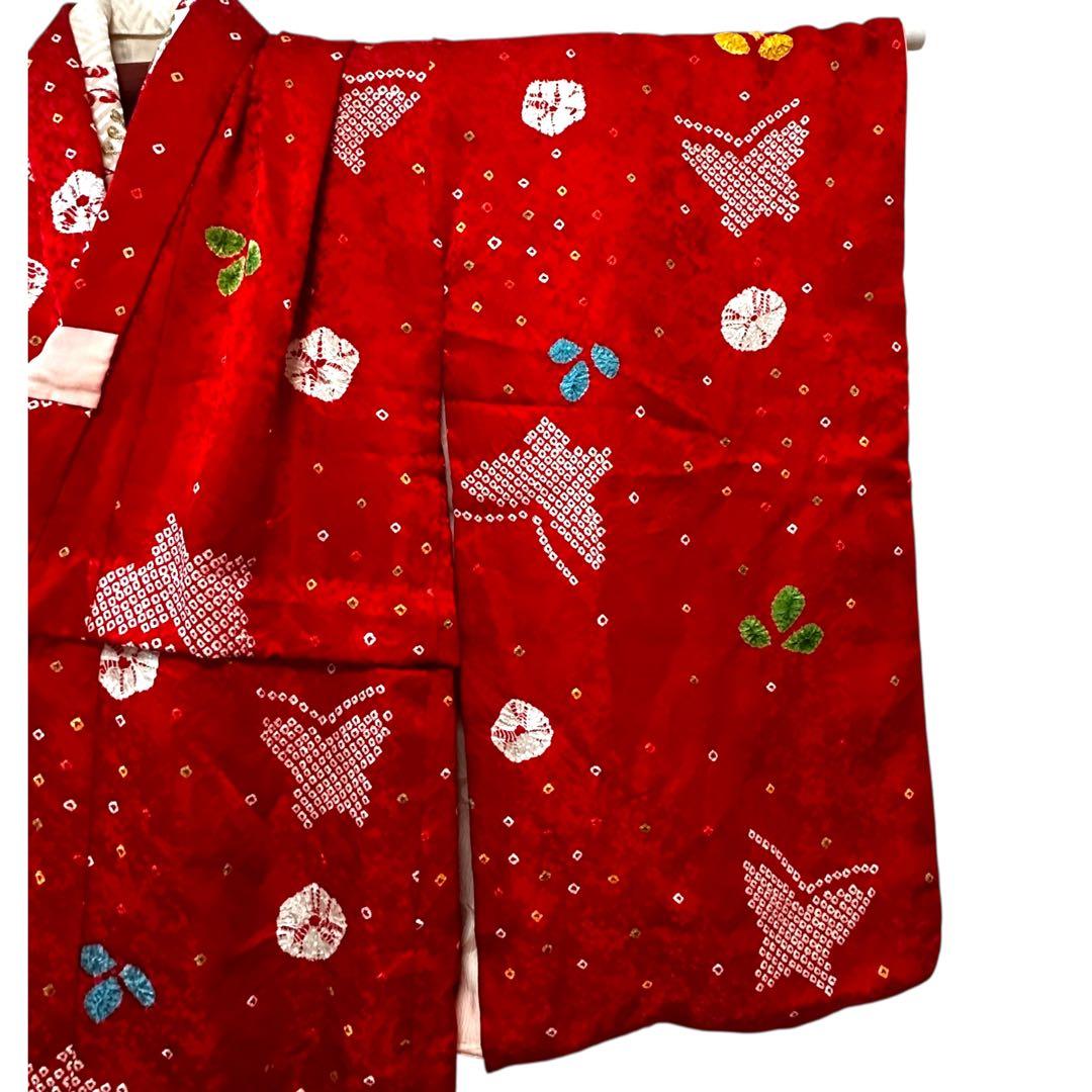 七五三 7歳 正絹 絞りの着物と長襦袢セット 蝶と花柄 超美品