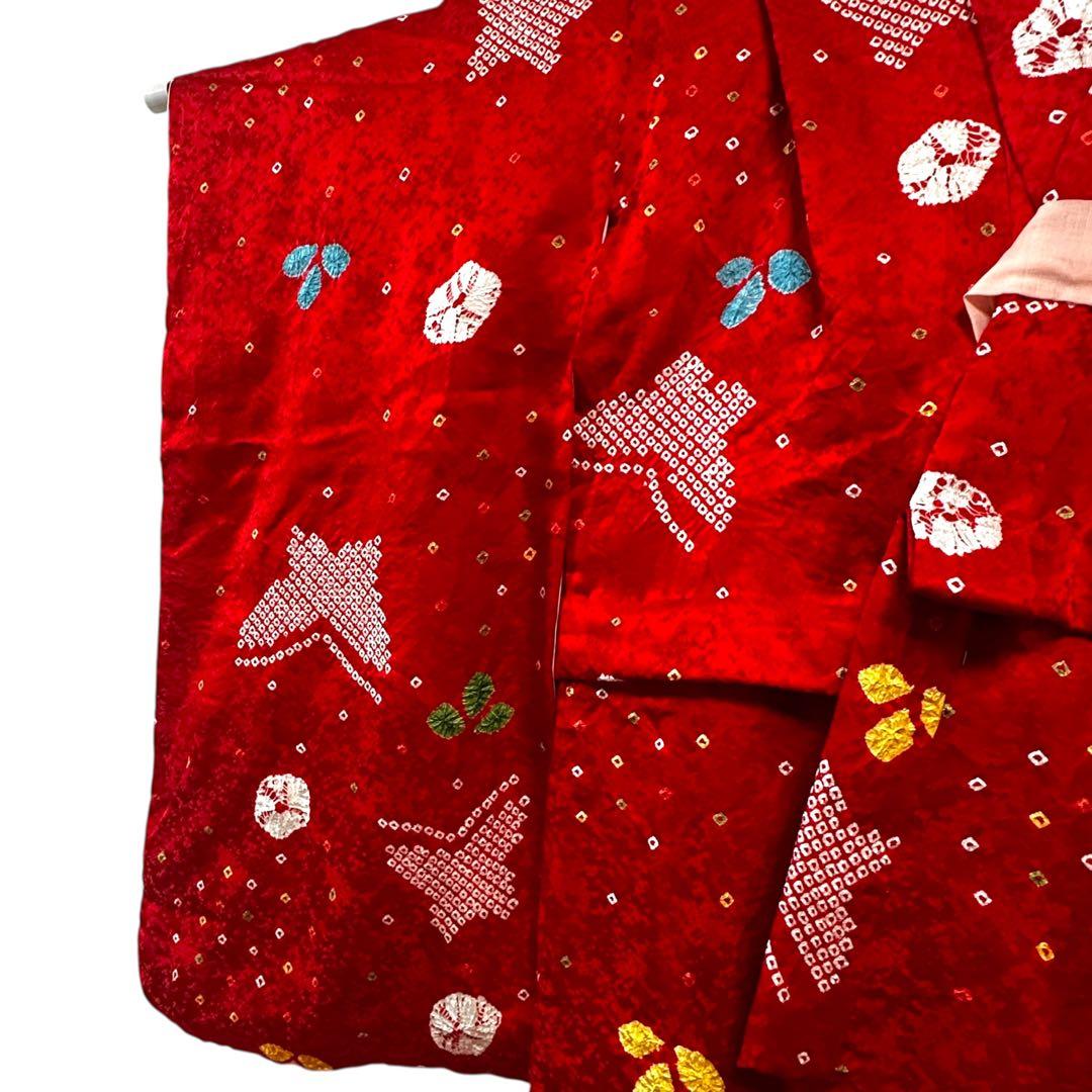 七五三 7歳 正絹 絞りの着物と長襦袢セット 蝶と花柄 超美品