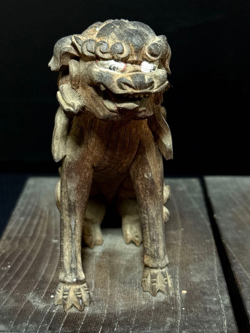 江戸期 安政六年 江州彦根 彫工師 西川重◯ 作 木彫 狛犬 獅子 一対