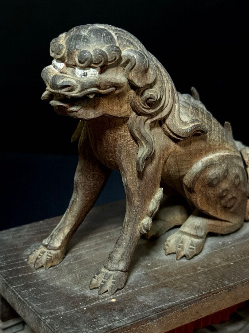 江戸期 安政六年 江州彦根 彫工師 西川重◯ 作 木彫 狛犬 獅子 一対