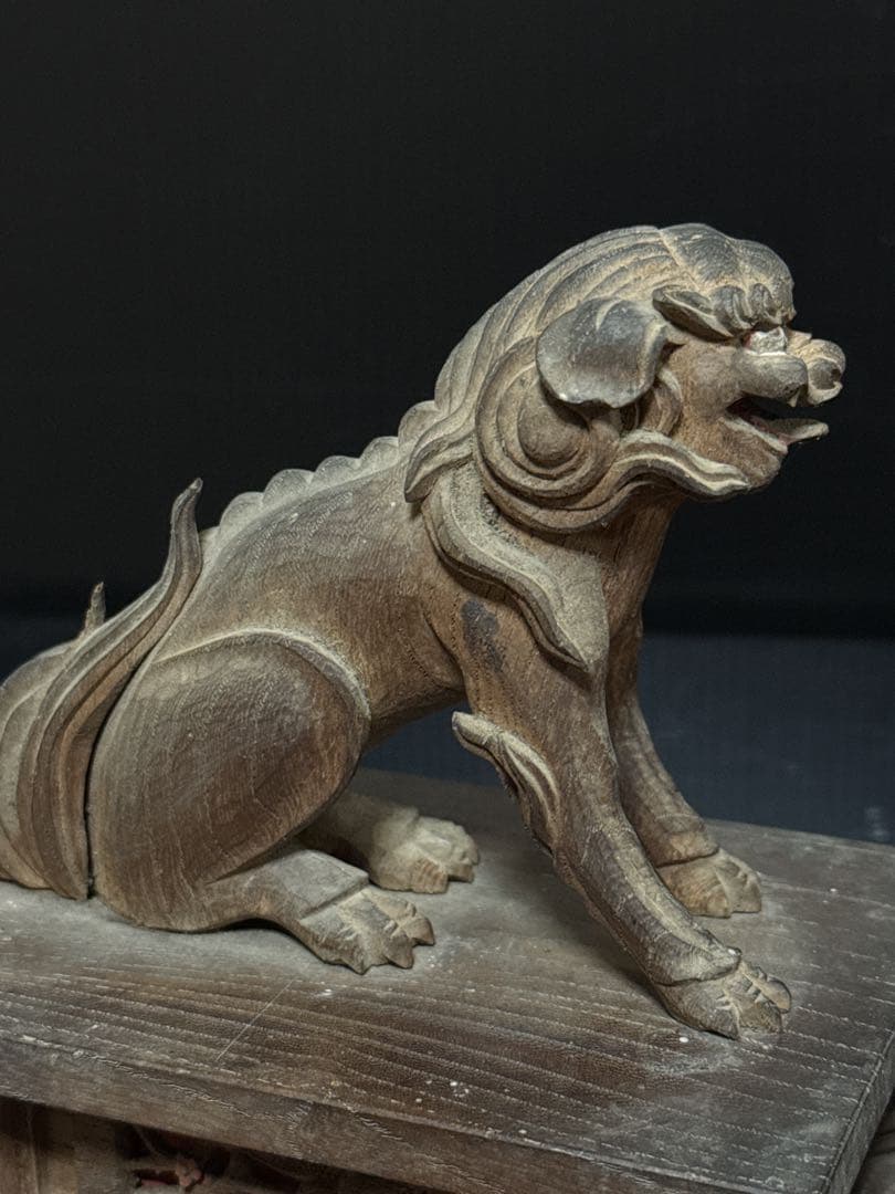 江戸期 安政六年 江州彦根 彫工師 西川重◯ 作 木彫 狛犬 獅子 一対