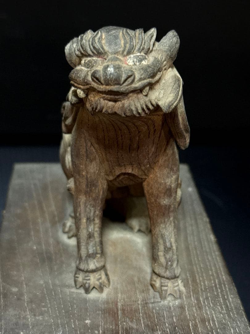 江戸期 安政六年 江州彦根 彫工師 西川重◯ 作 木彫 狛犬 獅子 一対