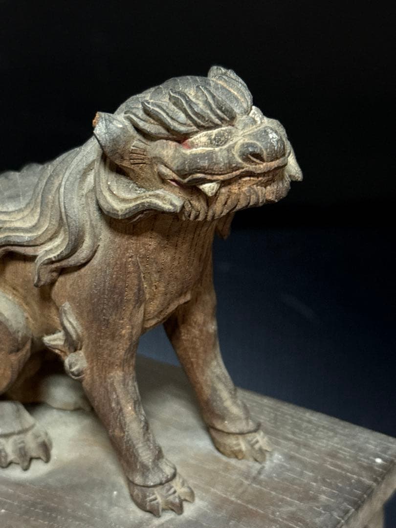 江戸期 安政六年 江州彦根 彫工師 西川重◯ 作 木彫 狛犬 獅子 一対