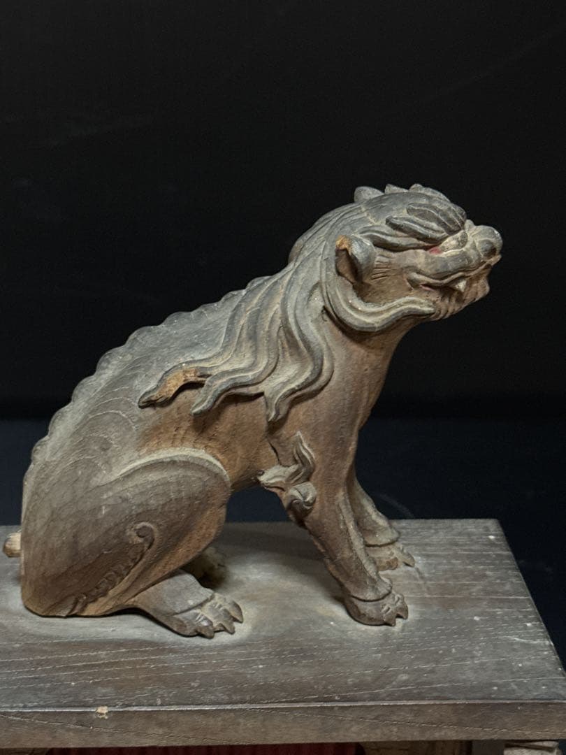 江戸期 安政六年 江州彦根 彫工師 西川重◯ 作 木彫 狛犬 獅子 一対