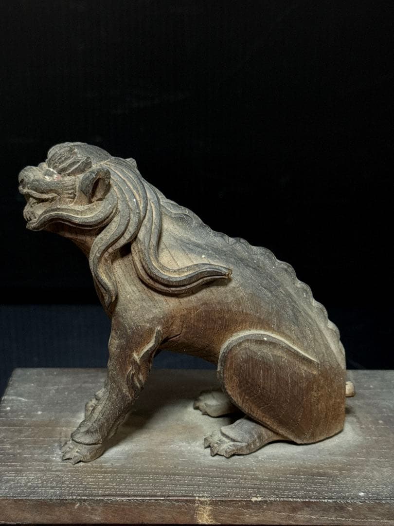 江戸期 安政六年 江州彦根 彫工師 西川重◯ 作 木彫 狛犬 獅子 一対
