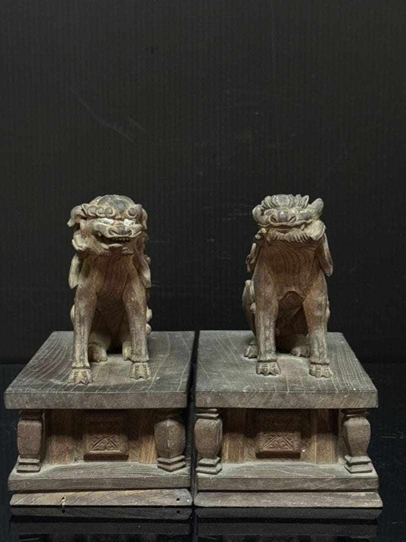 江戸期 安政六年 江州彦根 彫工師 西川重◯ 作 木彫 狛犬 獅子 一対