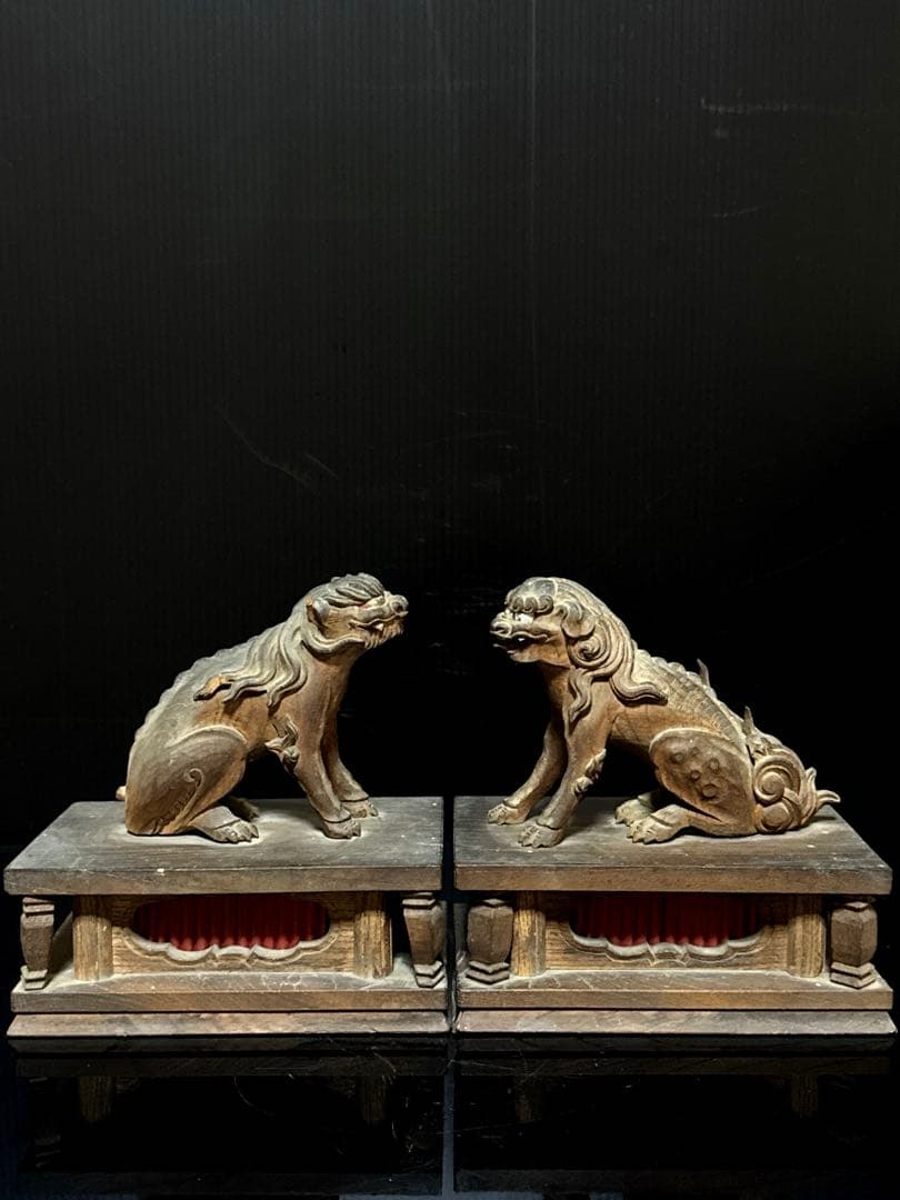 江戸期 安政六年 江州彦根 彫工師 西川重◯ 作 木彫 狛犬 獅子 一対