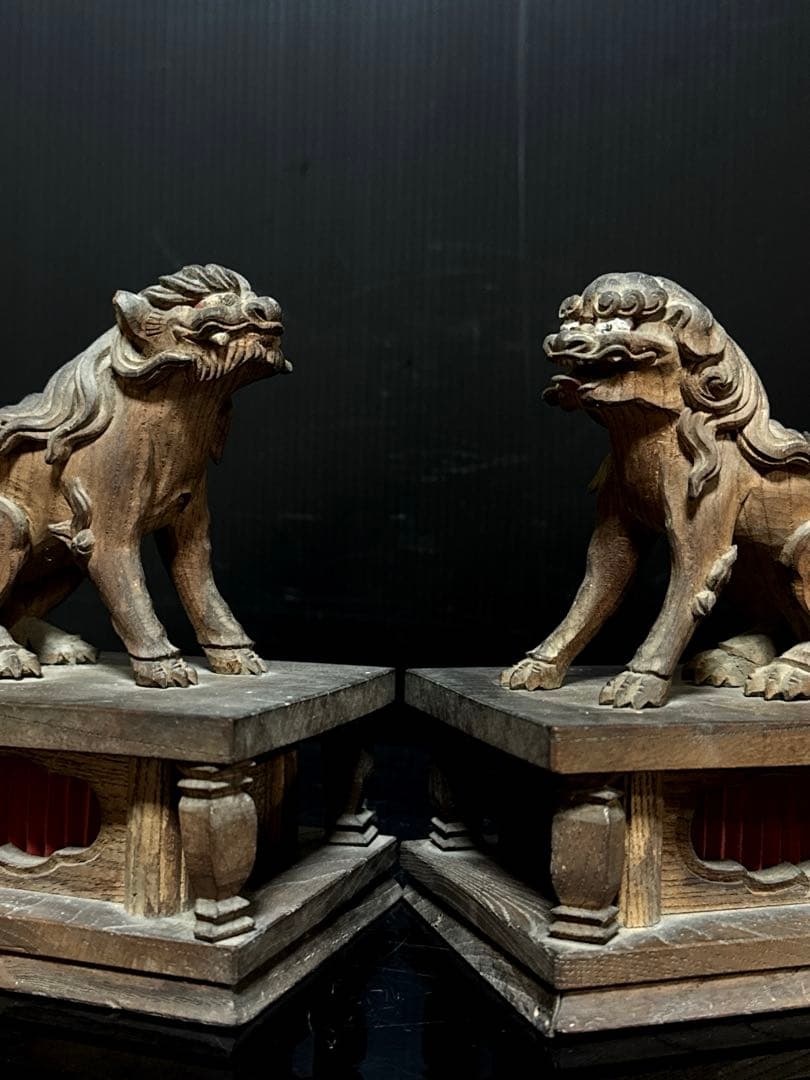江戸期 安政六年 江州彦根 彫工師 西川重◯ 作 木彫 狛犬 獅子 一対