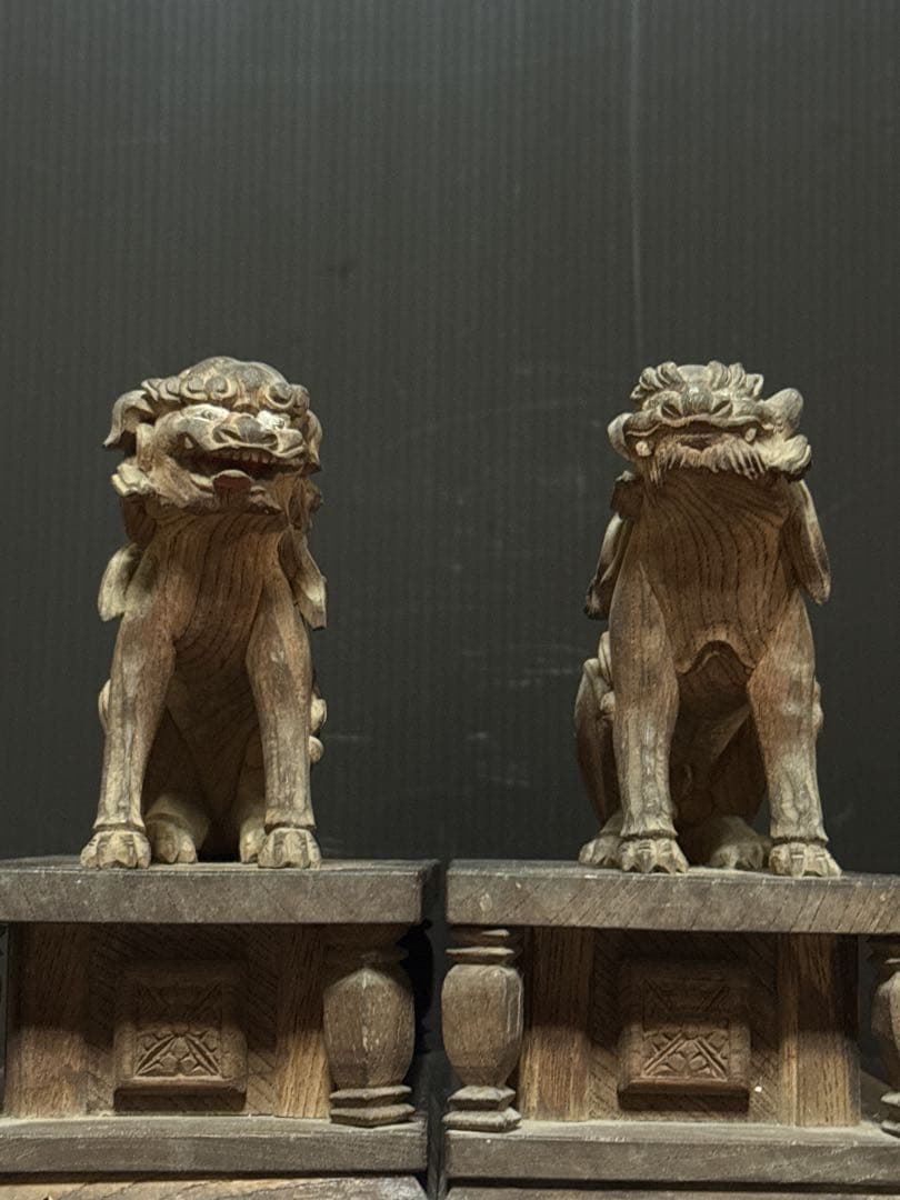 江戸期 安政六年 江州彦根 彫工師 西川重◯ 作 木彫 狛犬 獅子 一対
