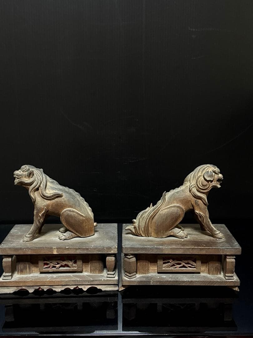 江戸期 安政六年 江州彦根 彫工師 西川重◯ 作 木彫 狛犬 獅子 一対